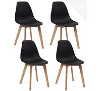 KAYELLES Lot de 4 chaises de Cuisine scandinaves Design. Siège en Plastique Souple Noir, léger, résistant et Facile d'entretien. Pieds en Bois de hêtre Clair NAO (Noir)
