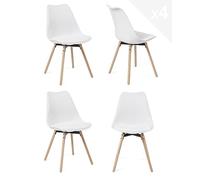 KAYELLES Lot de 4 chaises scandinaves de Cuisine Design. Siège en Plastique Souple Blanc avec Coussin Simili Cuir Blanc rembourré Mousse, Pieds en Bois hêtre Clair MIA (Blanc)