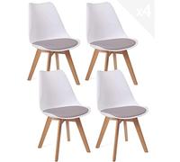 KAYELLES Lot de 4 chaises scandinaves Design Cuisine, Salle à Manger ou Chambre. Large siège en Plastique Souple, Assise avec Coussin Simili Cuir rembourré. Pieds Bois de hêtre Clair Lao (Blanc Gris)