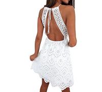 Kayferli Robe d'été pour femme - Dentelle blanche - Col en V - Bretelles spaghetti - Broderie - Dentelle creuse - Robe de plage en coton extensible dans les quatre sens, Blanc., L