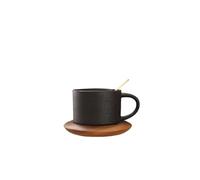 KAYNO Tasse à café en céramique de luxe européenne légère de 300ml avec base en bois, ensemble de tasses noires mates avec cuillère, tasse de café simple