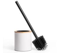 KAZAI. Brosse de Toilette en Silicone et Porte-Brosse de Toilette en Optique Bois | Acier Inoxydable, Tête en Silicone, Design en Bambou | Brosse WC pour Salle de Bain | Blanc