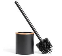 KAZAI. Brosse de Toilette en Silicone et Porte-Brosse de Toilette en Optique Bois | Acier Inoxydable, Tête en Silicone, Design en Bambou | Brosse WC pour Salle de Bain | Le Noir