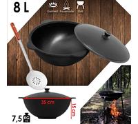 Kazan 8L NAMANGAN en fonte avec couvercle plat - marmite de camping durable, WOK, BBQ, cuisine extérieure