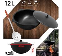 Kazan en fonte avec louche perforée 12L Kazan ouzbek avec couvercle en aluminium - pot de camping solide