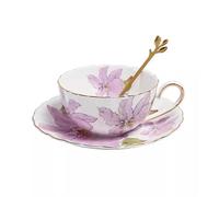 KazeRyu Ensemble Tasse Et Soucoupe À Café En Céramique Fait Main Avec Magnolia Violet - Tasse En Poterie De 220 Ml For Café, Thé Et Lait D'avoine