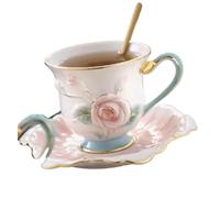 KazeRyu Ensemble Tasse Et Soucoupe À Café En Céramique Faits À La Main - Poterie À Fleurs Roses For Café/thé/lait D'avoine(1)