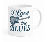 KAZMUGZ Tasse en céramique blanche - « I Love The Blues » - Cadeau pour les amateurs de musique - Cadeau pour les amateurs de café et de thé - Tasse vintage de guitare électrique - Coffret cadeau