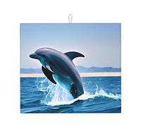 KazUp Tapis de séchage de la Vaisselle, Dauphins sautants, égouttoir en Microfibre Lavable, Tapis de séchage Absorbant pour comptoir de Cuisine 16X18 Pouces