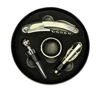 Kazza Coffret Cadeau Accessoires à Vin, 4 Pièces, Tire-Bouchon, Bouchon, Verseur, Bague, Étui Rond en Cuir Noir
