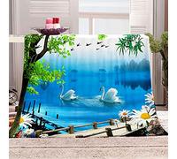 KBDQGX Couverture Plaid Canape 70X100Cm Cygne sur Le Lac Bleu Imprimée Motif, Couverture en Flanelle Épaisse Douce Et Confortable, Lit 2 Personnes Chaude pour Adulte Et Enfant