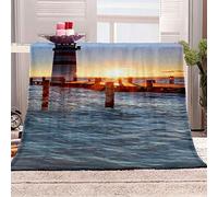 KBDQGX Couverture Polaire en Microfibre Coucher De Soleil sur Le Phare avec Vue sur La Mer 3D Imprimée Douce Fluffy Flanelle Couverture De Lit Plaid Canapé Convient Adultes Et Enfants Rester Chaud