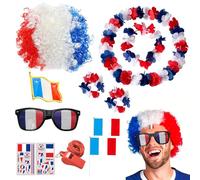 KBIBCK 12 Pièces Kit Supporter Equipe de France, 1 Bandeau Perruque + 4 Couronne + 2 Autocollants Visages + 1 Lunettes + 1 Broche + 2 Tenant Un Petit Drapeau + 1 Sifflet