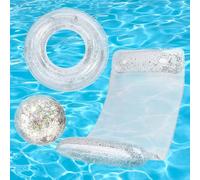 KBIBCK Bouee Piscine, 3 Pièces Matelas Piscine avec Anneau de Natation Gonflable et Ballon de Plage Gonflable, Matelas Gonflable Piscine pour la Piscine Convient aux Enfants et Aux Adultes (Argent)