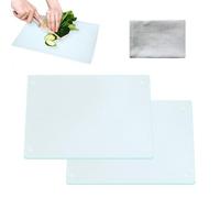 KBIBCK Lot de 2 planches à découper en verre trempé avec pieds en caoutchouc, planche à découper rectangulaire antidérapante avec tampon à récurer pour comptoir de cuisine, pâtisserie, préparation des