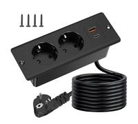 KBIBCK Multiprise encastrable avec USB et type C, 4 en 1, 2 prises, plateau de table encastré avec câble de 2 m, multiprise pour bureau, noire