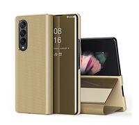 KBIKO-zxl Compatible avec Samsung Galaxy Z Fold 4 Coque Clear View Etui Cuir Miroir Makeup Coque étui Cuir Housse Coque Couverture avec Fonction Stand pour Galaxy Z Fold 4 Golden QH