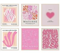 KBKBART Matisse Lot de 6 impressions d'art mural abstraites Matisse - Affiches Picasso - Impressions d'art minimalistes sur toile beige rose - Décoration de chambre à coucher, salon - Rose vif