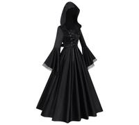 Kbnuetyg Medieval Witch Cosplay Dress Front Lacing Hooded Costume For Women | Hooded Gothic Witch Dress Features Front Lacing And A Waist Belt With Bow For Halloween Cosplay Haunted Houses Stage