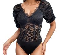 KBOPLEMQ Body en dentelle pour femme - Col en V - Transparent - Manches bouffantes - Maille transparente - Dentelle - Motif floral, O Noir., L