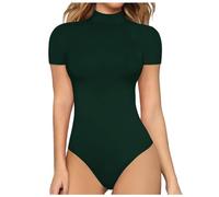 KBOPLEMQ Body pour femme à manches courtes et col roulé - Haut string à manches courtes - Couleur unie - Basique - Yoga - Sport - Sous-vêtement - Col montant - Été - Haut moulant, O Vert., M