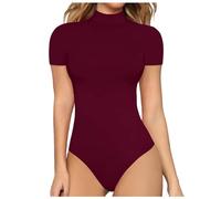 KBOPLEMQ Body pour femme à manches courtes et col roulé - Haut string - Manches courtes - Couleur unie - Basique - Yoga - Sport - Sous-vêtement - Bodies - Col montant - Été - Haut moulant, O rouge