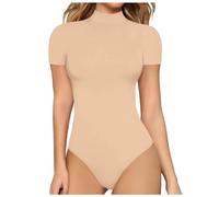 KBOPLEMQ Body pour femme à manches courtes et col roulé - Haut string - Manches courtes - Couleur unie - Basique - Yoga - Sport - Sous-vêtement - Bodies - Col montant - Été - Haut moulant, O kaki, L
