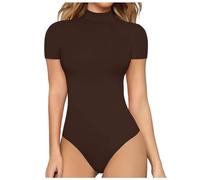 KBOPLEMQ Body pour femme à manches courtes et col roulé - Haut string - Manches courtes - Couleur unie - Basique - Yoga - Sport - Sous-vêtement - Bodies - Col montant - Été - Haut moulant, O Marron.,