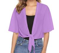 KBOPLEMQ Boléro pour femme - En mousseline de soie - Manches courtes - Cardigan court - Léger - À nouer - Élégant - Cardigan léger - Fin - Boléro court - Poncho à épaules, O Violet, S