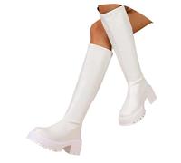 KBOPLEMQ Bottes à plateforme pour femme - Talon bloc - Bottes mi-hautes - Confortables - En cuir - Bout pointu - Bottes d'hiver tendance - Bottes de travail mi-mollet - Chaussures de trekking avec