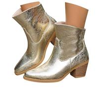 KBOPLEMQ Bottines de cowboy pour femme - Style rétro - Avec talon bloc - Tête carrée - Grande taille - Chaussures élégantes à talons hauts - Bottes de costume - Bottes courtes - Argent, O Gold, 40 EU