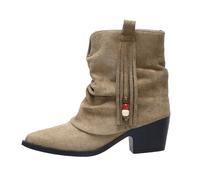 KBOPLEMQ Bottines de cowboy rétro en daim à franges pour femme | Bottines cowgirl larges en cuir avec talon bloc vintage à enfiler