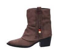 KBOPLEMQ Bottines de cowboy rétro en daim à franges pour femme | Bottines cowgirl larges en cuir avec talon bloc vintage à enfiler