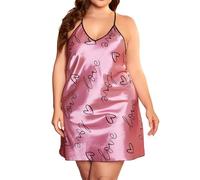 KBOPLEMQ Chemise de nuit d'été en satin pour femme - Col en V - Robe de nuit pour femme - Grandes tailles - Sans manches - Robe de nuit sexy - Courte - Nuisette avec bretelles spaghetti, O rose.,