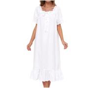 KBOPLEMQ Chemise de nuit en coton tricoté pour femme - Manches longues - Vintage victorien - Robe de nuit pour femme - Mignon - Rétro - Manches longues - Princesse - Dentelle - Col en U - Lounge -