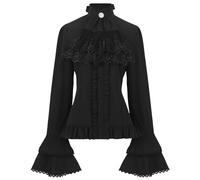 KBOPLEMQ Chemisier médiéval Lolita - Manches longues - Dentelle - Volants - Style victorien - Col montant - Style steampunk gothique - Costume d'Halloween - Carnaval - Cosplay - Fête, O Noir., S