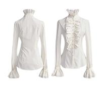 KBOPLEMQ Chemisier victorien blanc et noir pour femme - Chemise à manches longues - Style pirate - Vintage - Col montant avec volants - Manches longues - Chemisier médiéval - Col haut - Boutonnière, O