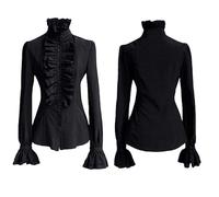 KBOPLEMQ Chemisier victorien blanc et noir pour femme - Chemise à manches longues - Style pirate - Vintage - Col montant avec volants - Manches longues - Chemisier médiéval - Col haut - Boutonnière, O