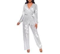 KBOPLEMQ Combinaison à paillettes pour femme - Manches longues - Col en V - Paillettes - Élégante combinaison avec ceinture - Pantalon ample - Pour fête - Clubwear - Une pièce - Combinaison longue de