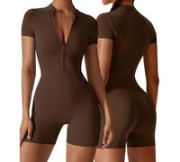 KBOPLEMQ Combinaison de sport pour femme - Courte, moulante - 1/2 fermeture éclair - Douce et extensible - Combinaison de sport - Body à manches courtes - Pour le yoga et le fitness, marron, M