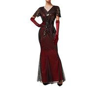 KBOPLEMQ Costume Charleston pour femme Robe Gatsby années 1920 Great Gatsby Dress Robe femme Cocktail Party Carnaval Costume Robe à paillettes Courte Franges Manches Col rond Robe Flapper, O rouge., M