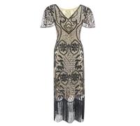 KBOPLEMQ Costume Charleston pour femme - Robe Gatsby des années 1920 - Robe de cocktail à paillettes - Robe de bal de fin d'année - Robe de fête élégante à franges, O beige., XXL