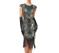 KBOPLEMQ Costume Charleston pour femme - Robe Gatsby - Robe à rabat - Robe Gatsby - Avec paillettes et perles - Franges - Bas résille Great Gatsby des années 20 - Accessoires vintage - Costume de