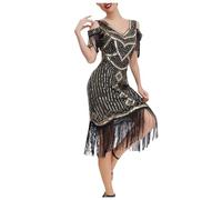 KBOPLEMQ Costume Charleston pour femme - Robe vintage des années 1920 - Gatsby - Paillettes - Ourlet à pompons - Robe de cocktail - Robe de bal - Robe de soirée - Cocktail - Costume de fête, X Noir.,