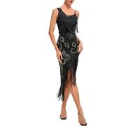 KBOPLEMQ Costume Charleston pour femme - Robe vintage des années 1920 - Gatsby - Paillettes - Ourlet à pompons - Robe de cocktail - Robe de bal - Robe de soirée - Cocktail - Costume de fête, O Noir.,