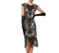 KBOPLEMQ Costume de Charleston pour femme - Robe Gatsby à paillettes et perles - Robe à rabat - Robe Gatsby vintage - Costume mafia - Bas résille - Accessoires des années 20, O Gold, L