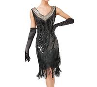 KBOPLEMQ Costume des années 20 pour femme - Robe Charleston - Robe à paillettes - Robe de cocktail à thème Gatsby - Robe de soirée - Col en V - Longueur genou - Robe à franges - Costume Gatsby, S noir