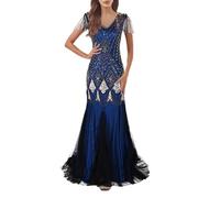 KBOPLEMQ Costume Gatsby Charleston - Robe de Soirée 1920 Style Rétro - Longue Robe à Paillettes pour Bal de Fin d'Année - Cocktail en Maille, Bleu, XL