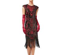 KBOPLEMQ Costume Gatsby Charleston - Robe de Soirée Années 1920 - Style Rétro à Paillettes - Longue pour Bal de Fin d'Année - Cocktail en Maille, M Rouge, XXL