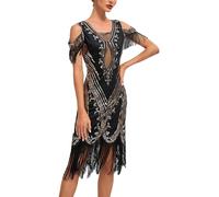 KBOPLEMQ Costume Gatsby pour Femme - Robe Vintage des Années 1920 - Charleston à Paillettes - Ourlet à Pompons - Cocktail, Bal de Fin d'Année, Soirée